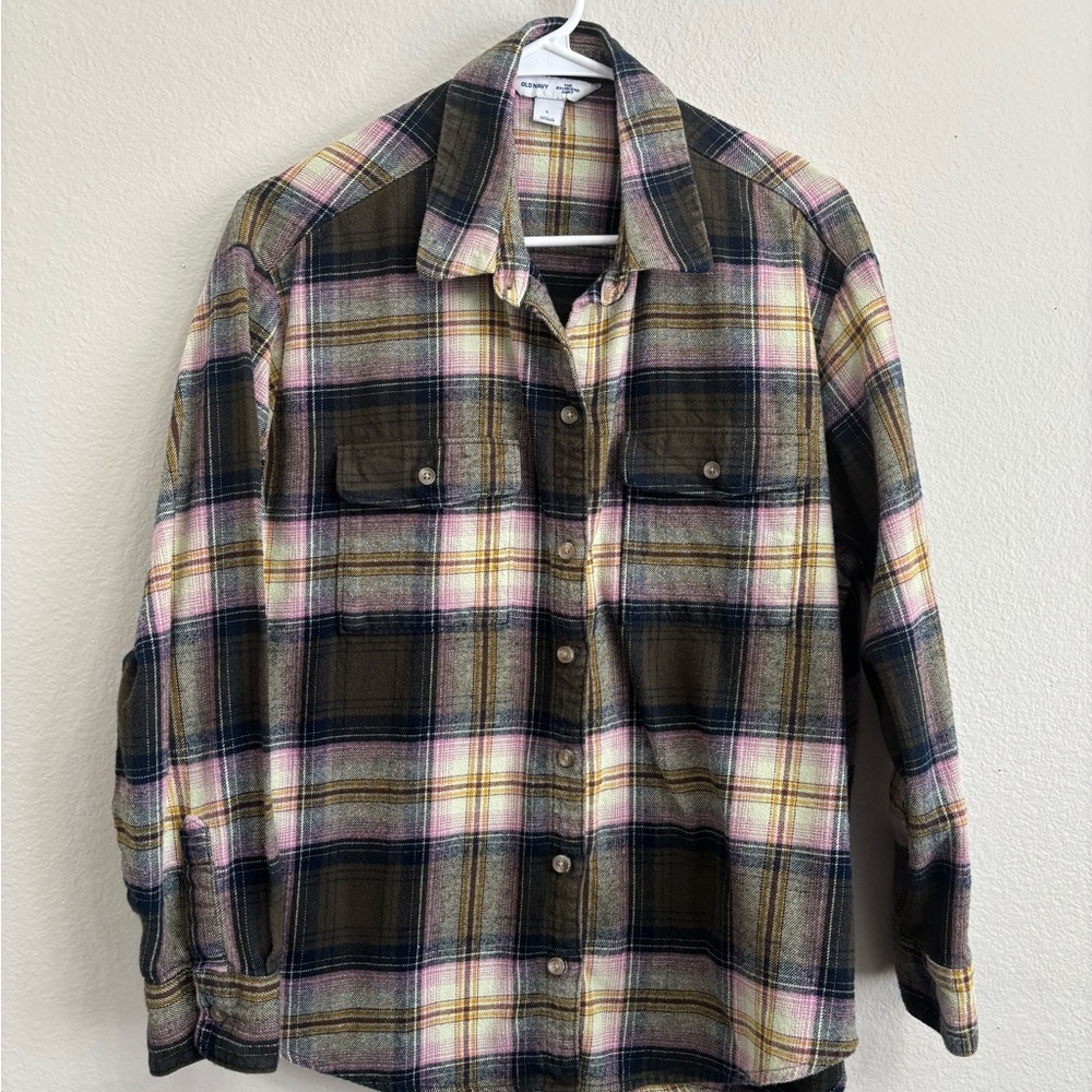 Old Navy Women's Plaid Button Down Shirt - Pink, Yellow, Black Large